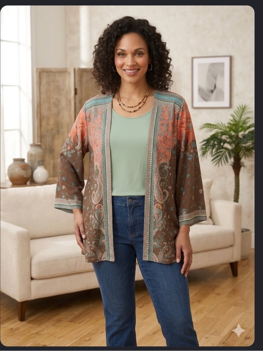Bob Mackie wearable Art open front Kimono cardigan with Sage Green Tank 2xl